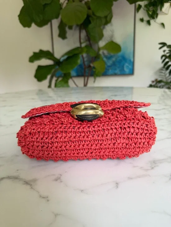 Coach Straw Soft Tabby Shoulder Crossbody Bag Red Orange Black Brass Woven CA032 - Picture 6 of 16